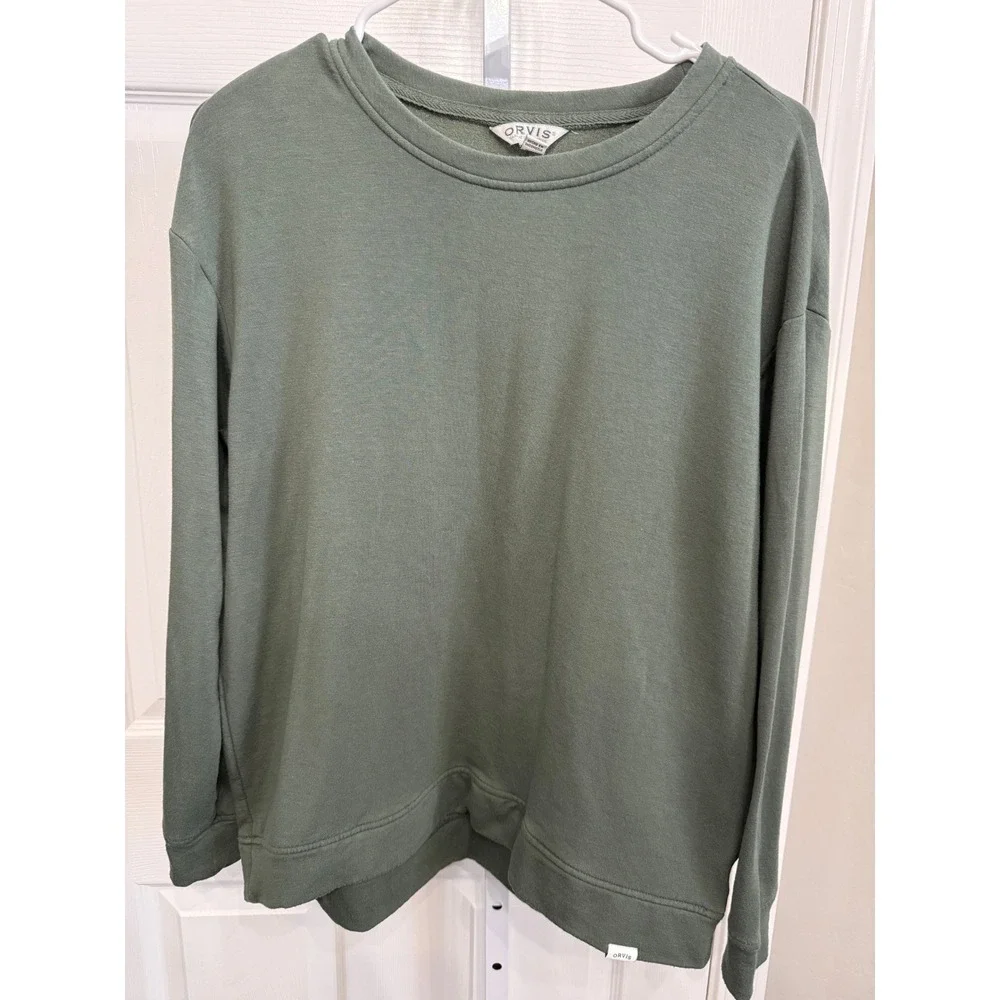 Orvis Women Olive Green Pull Over Sweater Size Small Crew Neck Long Sleeve